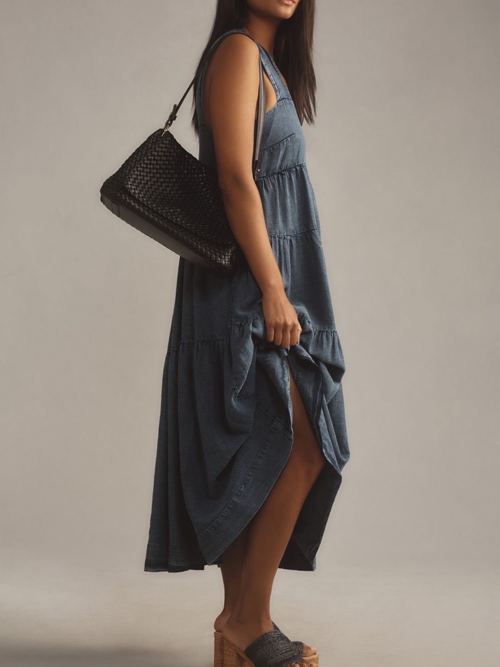 The Helena Square-Neck Tiered Midi Dress: Smocked: Denim Edition - Picture 8 of 15